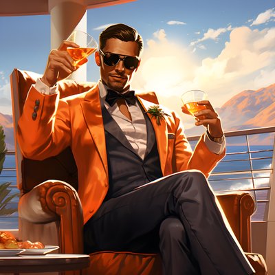 rikas mies, hyvin pukeutunut, istuu yksityisellä risteilyaluksella ja juo cocktailin 1 af Kurt Heppke
