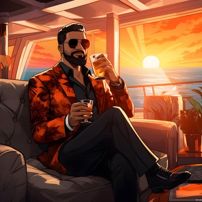 rikas mies, hyvin pukeutunut, istuu yksityisellä risteilyaluksella ja juo cocktailin 3 af Kurt Heppke