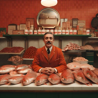 et surrealistisk billede af en polsk fiskehandler fra 1950