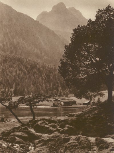 Lautersee nær Mittenwald med Wetterstein-bjergene; Lauter-See nær Mittenwald med Wetterstein-bjergene (s/h-billede) af Kurt Hielscher