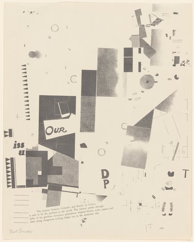 Uden titel, nr. 6 af 6 fra porteføljen Merz 3. Kurt Schwitters 6 litografier. Merz mappe. Første portefølje af Merz forlag (Merz 3. Kurt Schwitters 6 lithos. Merz Portfolio. Første Portfolio af Merz Publisher) af Kurt Schwitters