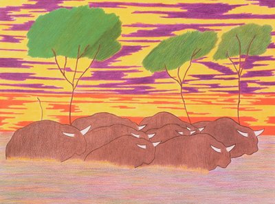 March of the Water Buffalo, 2004 (farveblyant på papir) af Kurtis L. Miller