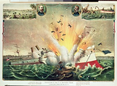 Ødelæggelse af det amerikanske slagskib Maine i Havana Havn, 15. februar 1898 af Kurz and Allison