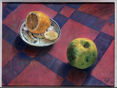Æble og citron. (Æble og citron). Maleri af Kuzma Sergeevich Petrov Vodkin (Petrov-Vodkin) (Kouzma Petrov Vodkin) (Petrov-Vodkin) (1878-1939), olie på lærred af Kuzma Sergeevich Petrov Vodkin