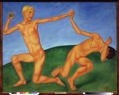 Garcons jouant. (kedsomhed og homoseksualitet). Peinture de Kuzma Sergeyevich Petrov Vodkin (Petrov-Vodkin) (Kouzma Petrov Vodkine) (Petrov-Vodkine) (1878-1939), huile sur toile af Kuzma Sergeevich Petrov Vodkin