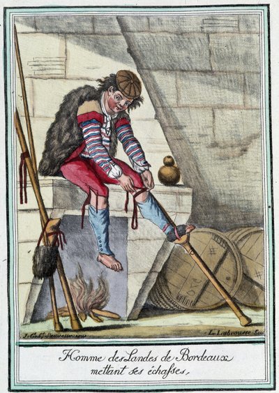 Mand fra Landes de Bordeaux sætter sine stylter på - i "" Encyclopedia of Travels"" af J. Grasset St. Sauveur, Deron, Paris af L.F. Labrousse