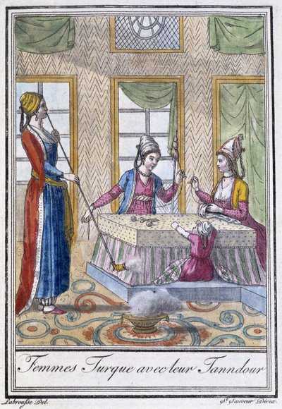Tyrkiske kvinder med deres Tanndour - i "" Encyclopedia of Travels"" af J. Grasset St. Sauveur, red. Deroy, Paris af L.F. Labrousse