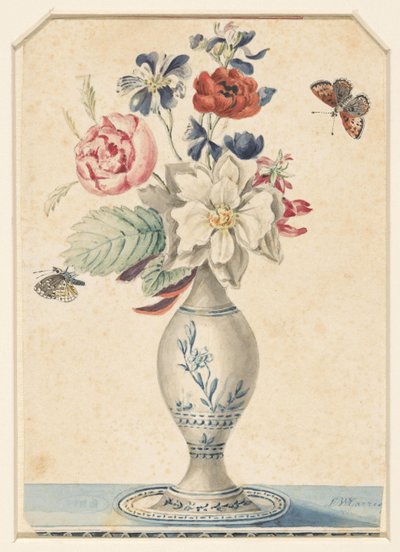Vase med blomster og en grå-gul sommerfugl af L.W. Garrison