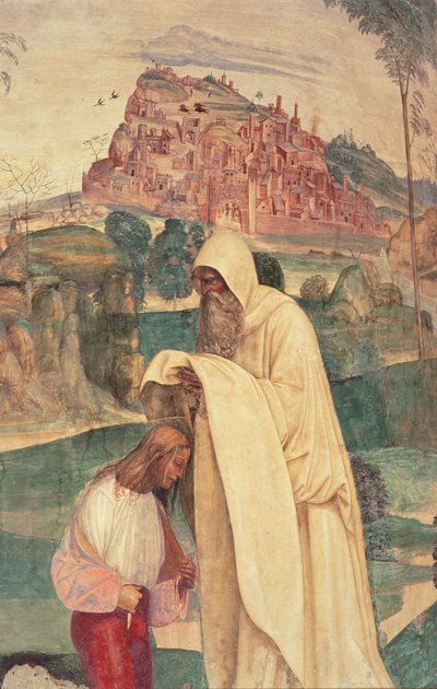 St. Benedicts liv, Scene 4: Munken Romanus klæder Benedikt af L. Signorelli