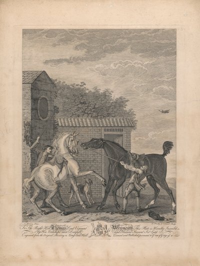 Et sæt på syv, uden titel, hver dedikeret: Til den rigtige ærede. Thomas Lord Viscount Weymouth ... fra det originale maleri i Long Leat Hall. [To heste står uroligt uden for en stald...] af L. Truchy