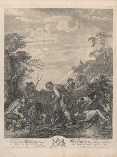 Et sæt på syv, uden titel, hver dedikeret: Til den rigtige ærede. Thomas Lord Viscount Weymouth ... fra det originale maleri i Long Leat Hall. [Tre mænd, der graver en ræves jord ud, ivrigt overvåget af hunde...] af L. Truchy