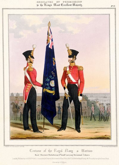 Kostume for den kongelige flåde og marineinfanteri. Royal Marines (subalterner) 2d. Lt., ca. 1832 (farvelitografi) af L. and Eschauzier St. Mansion