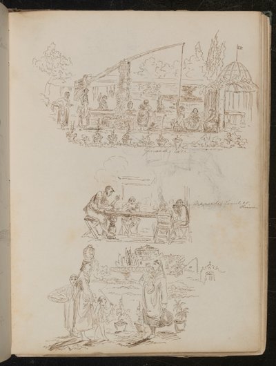 En have- og vaskeriscene med kvindelige figurer påskrevet "Genuese Well", og en undersøgelse af fire figurer påskrevet "Manentis familie til middag" af Lady Butler
