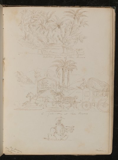 "En palmelund ved San Remo", en hestevogn foran "en port ved San Remo", en kvindeskikkelse til hest" af Lady Butler