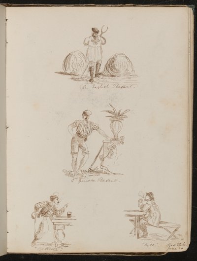 "English Peasant", "en Genoese Peasant", undersøgelse af figurer i værtshuse påskrevet "Battista" og "Bile", sted og dato "20. juni" af Lady Butler