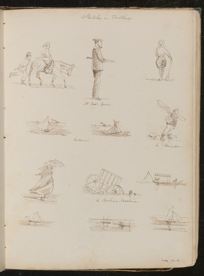 Studier af børn, en sømand indskrevet "A Coast-guard?, seks undersøgelser af både påskrevet "Cutters", en Shrimper, en kvinde med en parasol, dateret "27-61 maj" af Lady Butler