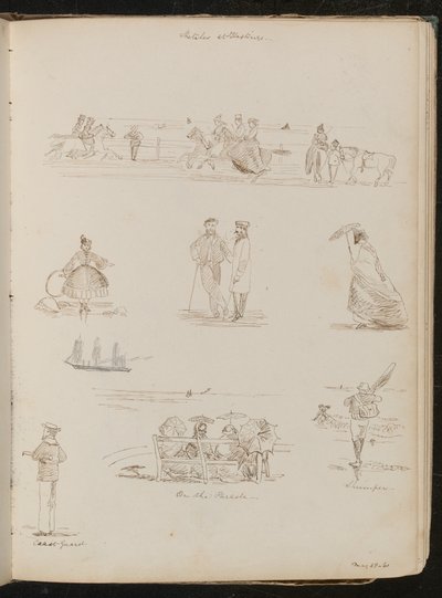 Undersøgelser af mænd og kvinder "On the Parade", en mand med et net mærket "Shrimper", en sømand mærket "Kystvagt", dateret "28.-61. maj? af Lady Butler