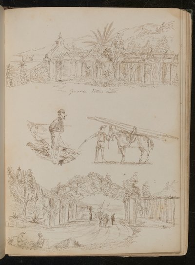 Studie af en "genoesisk villa", en mand med en pibe, en pakkehest, en anlagt buegang med figurer af Lady Butler