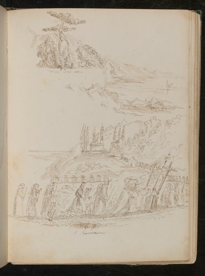 Studie af en kloster-"Procession" i et kystlandskab af Lady Butler