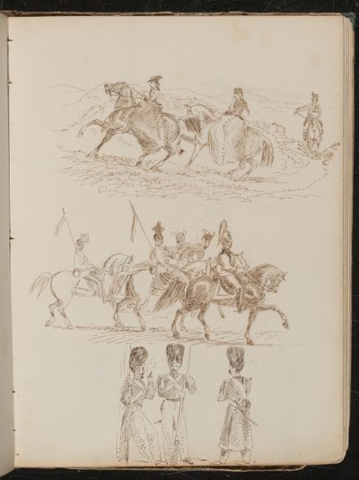 Studie af to kvinder og en mand, der rider i bakket landskab, studie af soldater til hest, studie af tre garder i samtale af Lady Butler