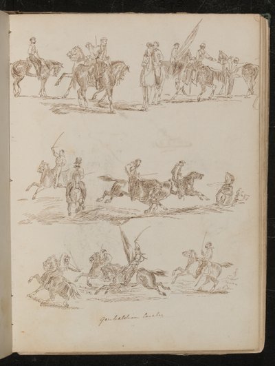 Tre undersøgelser af soldater på hesteryg indskrevet "Garibaldian Cavalry" af Lady Butler