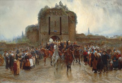 Til fronten: Fransk kavaleri forlader en bretonsk by ved krigserklæringen, 1888-89 af Lady Butler