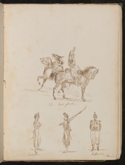 To soldater til hest påskrev "The Cert gardes", studier af artilleri- og infanterisoldater af Lady Butler