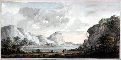Landskab med to figurer med udsigt over en bugt, ca. 1825 (akvarel på papir) af Lady Egerton
