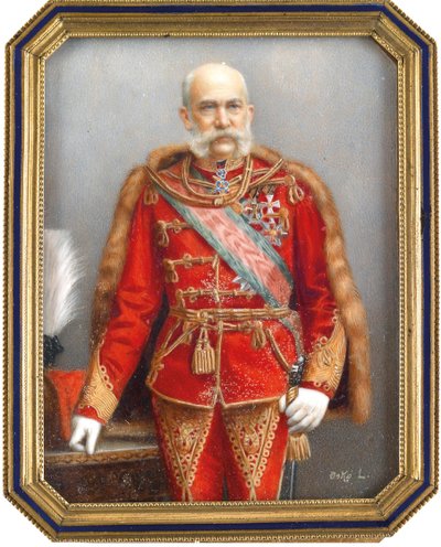 Portræt af Francois Joseph I af Østrig (1830-1916), i ungarsk uniform. Værk af Lajos Osko (1865-1922), akvarel og gouache på horn. Ungarsk kunst, akademisk kunst. Privat samling. af Lajos Osko