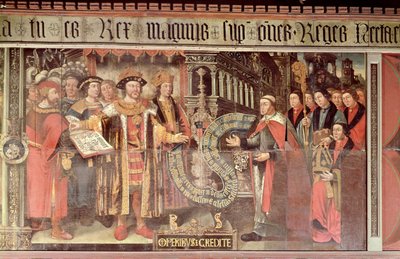Biskop Robert Sherburne med Henry VIII (1491-1547) c.1508-36 (vægmaleri) af Lambert Barnard