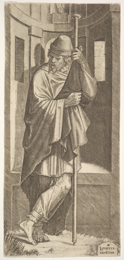 St. James Major lænet sig op af en stang foran en niche, hans venstre ben krydsede over hans højre, fra..., 1545. af Lambert Suavius