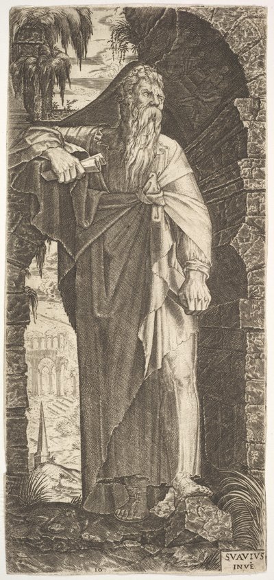 St. Paul stående under en forvokset bue, hans venstre fod placeret på en klippe, hans højre hånd..., 1545. af Lambert Suavius