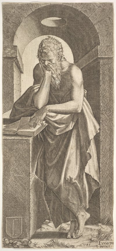 St. Simon stående foran en åben bog med fingrene på sin venstre hånd presset på ..., 1545. af Lambert Suavius