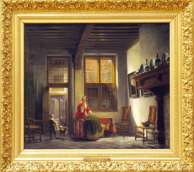 Fornavn Interiør med kvinde og barn ved en trappe af Lambertus Johannes Hansen
