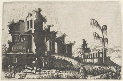 Landschap met bekrövde ruïnes en rejsende Tegninger af ruiner af forskellige fabrikater meget nyttige for malere og andre kunstnere af den slags (serietitel) af Lambertus Suavius