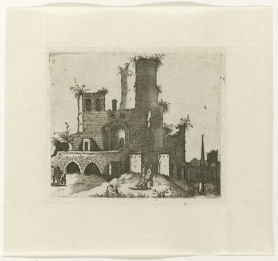 Ruïne met rechthoekige toren Tegninger af ruiner af forskellige fabrikater meget nyttige for malere og andre kunstnere af den slags (serietitel) af Lambertus Suavius