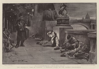 The Houseless Poor of London, en midnatsscene på Themsen Embankment af Lance Calkin