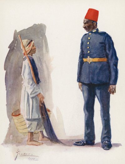 Folk i Egypten: Politimand og dreng, Ascari Balis wa waled (farvelitografi) af Lance Thackeray