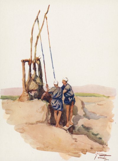 Folk i Egypten: Shadoof-mænd, Shaddaf (farvelitografi) af Lance Thackeray