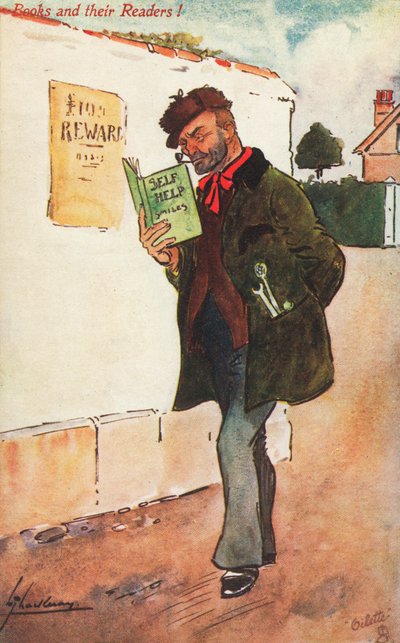Arbejdsmand læser en selvhjælpsbog (farve litho) af Lance Thackeray