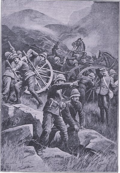 En pistol væltet på en bjergskråning, fra After Pretoria: The Guerilla War udgivet af Harmsworth Bros Limited, 1901 af Lancelot Speed
