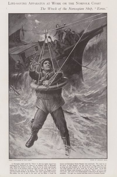 Livreddende apparat på arbejde på Norfolkkysten (litho) af Lancelot Speed