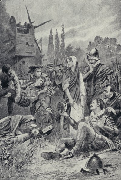 Sir Philip Sidney ved slaget ved Zutphen (litho) af Lancelot Speed