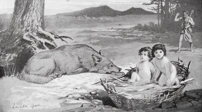 Hyrden så, at ulven tog sig af børnene (litho) af Lancelot Speed