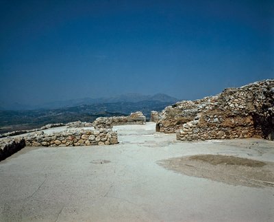 Megaron fra det kongelige palads: stedet for den antikke by Mykenes på Peloponnes (1500-1100 f.Kr.) Grækenland af Late Helladic Period Mycenaean