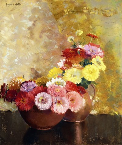 Zinnias og kobber af Laura Coombs Hills