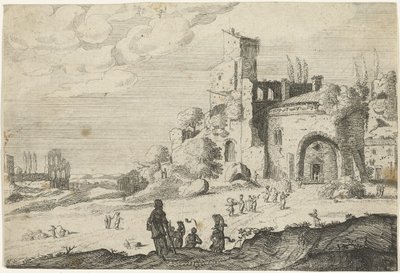 En gruppe kvinder nærmer sig en bygning Landskaber med gamle romerske bygninger (serietitel) af Laurens Barata