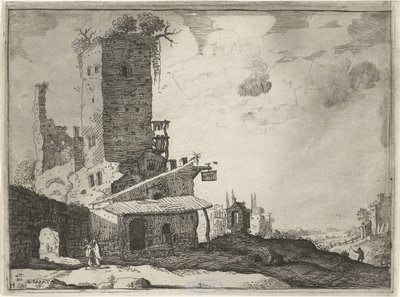 Kro nær et kapel Landskaber med gamle romerske bygninger (serietitel) af Laurens Barata
