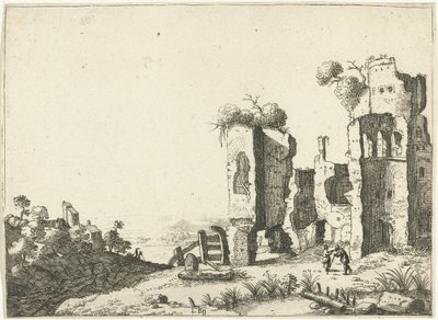 Mand lænet på en pind foran en ruin Landskaber med gamle romerske bygninger (serietitel) af Laurens Barata