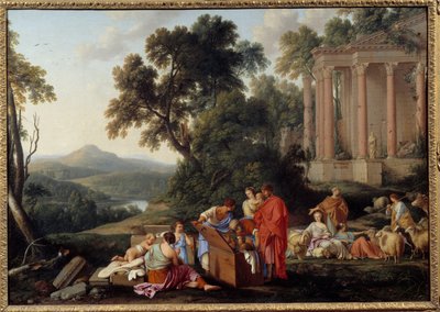 Laban leder efter afguder i Jakobs bagage og rejser med sin familie til sit land, men Laban, hans svigerfar indhenter ham for at finde billeder af de stjålne guder, der fungerer som titler på ejendom, som hans kone Rachel havde gemt i sadlen af hans hor af Laurent de la Hyre